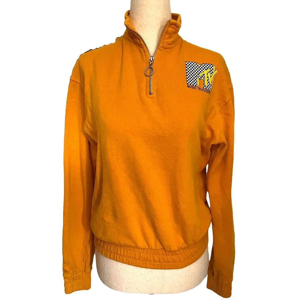 MTV Y2K Mustard 1/4 Zip Womens Sweeatshirt I Want My MTV Graphic Retro 90s - Picture 1 of 12
